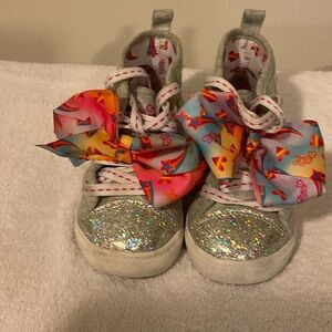 Sparkly Silver Kids Sneakers with Colorful Bows